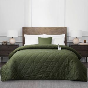 Brookstone Twin Heated Diamond Stitch Quilt Blanket Green
